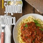 spaghetti sauce on spagetti on a plate topped by fresh herbs with a napkin and fork on the left and a descriptive text overlay